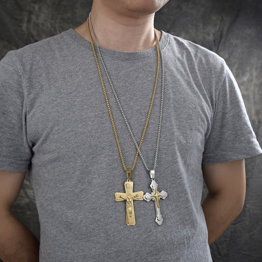 Stainless Steel Pendant Necklace, Cross Design, Polished, Two Tone