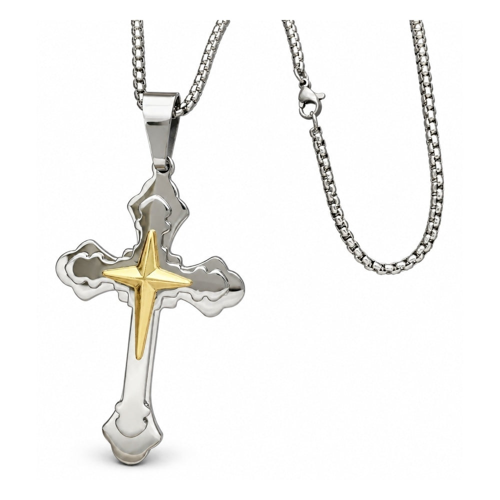 Stainless Steel Pendant Necklace, Cross Design, Polished, Two Tone
