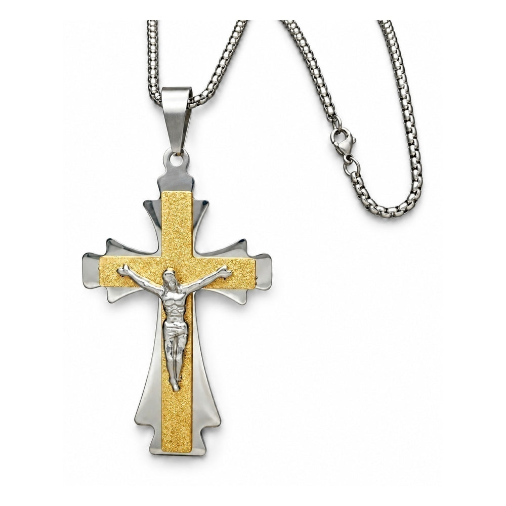 Stainless Steel Pendant Necklace, Crucifix Design, Polished, Two Tone