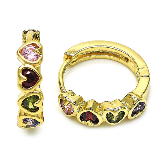 Oro Laminado Huggie Hoop, Gold Filled Style Heart Design, with Multicolor Cubic Zirconia, Polished, Golden Finish