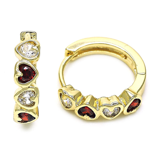 Oro Laminado Huggie Hoop, Gold Filled Style Heart Design, with Garnet and White Cubic Zirconia, Polished, Golden Finish