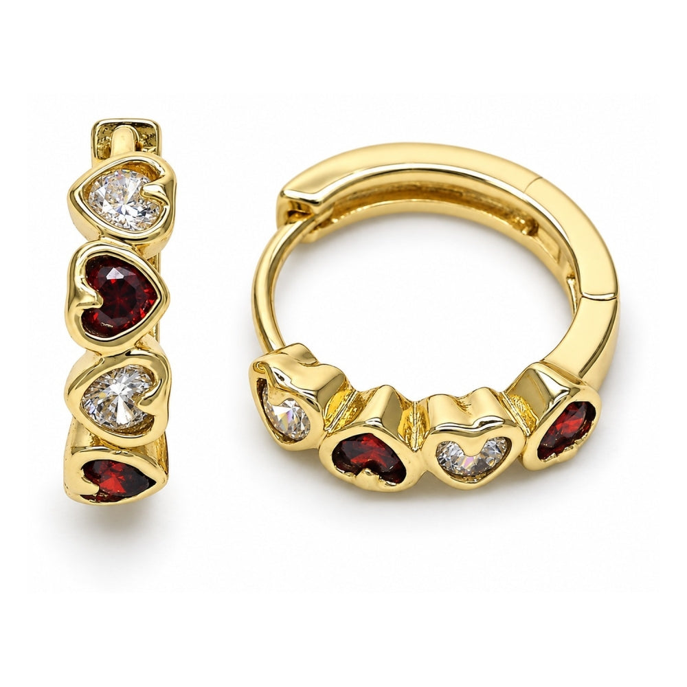 Oro Laminado Huggie Hoop, Gold Filled Style Heart Design, with Garnet and White Cubic Zirconia, Polished, Golden Finish