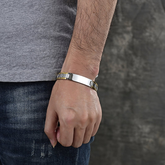 Stainless Steel Solid Bracelet, Greek Key Design, Polished, Two Tone