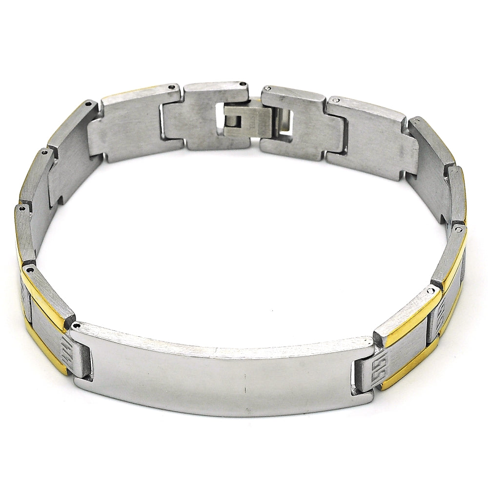Stainless Steel Solid Bracelet, Greek Key Design, Polished, Two Tone