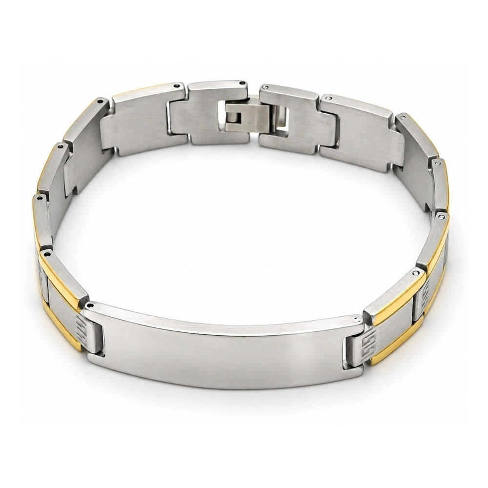 Stainless Steel Solid Bracelet, Greek Key Design, Polished, Two Tone