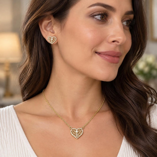 Oro Laminado Earring and Pendant Adult Set, Gold Filled Style Heart and key Design, with White Cubic Zirconia and White Micro Pave, Polished, Golden Finish