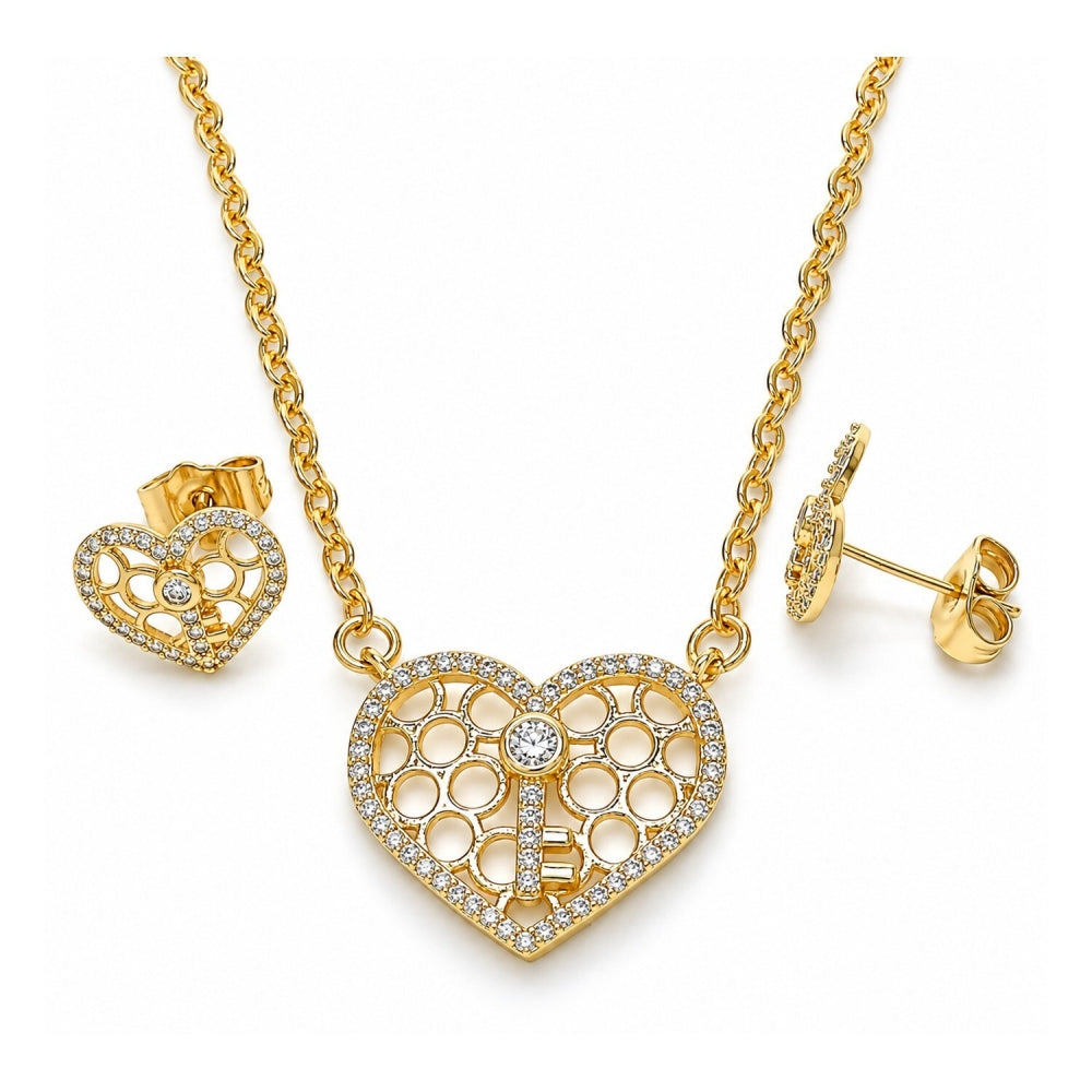 Oro Laminado Earring and Pendant Adult Set, Gold Filled Style Heart and key Design, with White Cubic Zirconia and White Micro Pave, Polished, Golden Finish