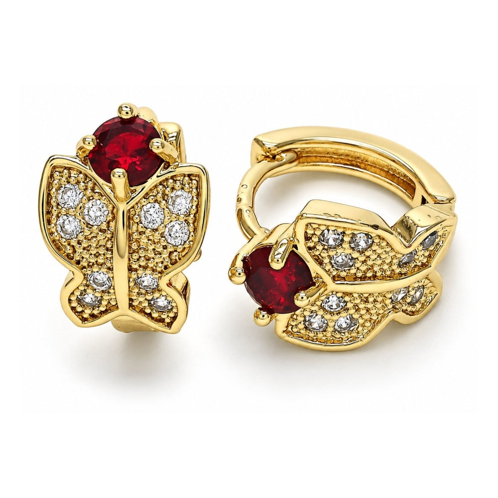 Oro Laminado Huggie Hoop, Gold Filled Style Butterfly Design, with Garnet Cubic Zirconia and White Micro Pave, Polished, Golden Finish