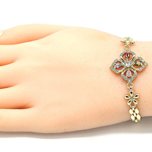 Oro Laminado Fancy Bracelet, Gold Filled Style Flower and Teardrop Design, with Multicolor Cubic Zirconia, Polished, Golden Finish
