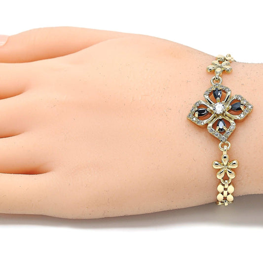 Oro Laminado Fancy Bracelet, Gold Filled Style Flower and Teardrop Design, with Black and White Cubic Zirconia, Polished, Golden Finish