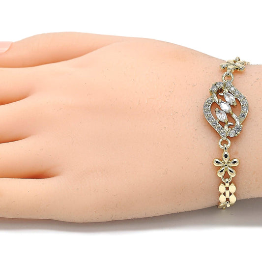 Oro Laminado Fancy Bracelet, Gold Filled Style Flower Design, with White Cubic Zirconia, Polished, Golden Finish