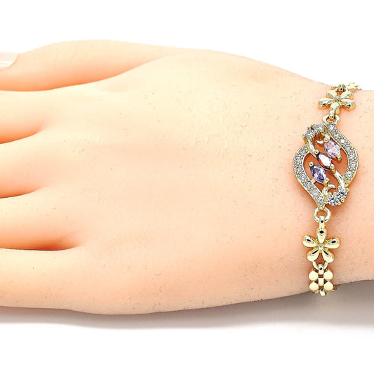 Oro Laminado Fancy Bracelet, Gold Filled Style Flower Design, with Multicolor Cubic Zirconia, Polished, Golden Finish