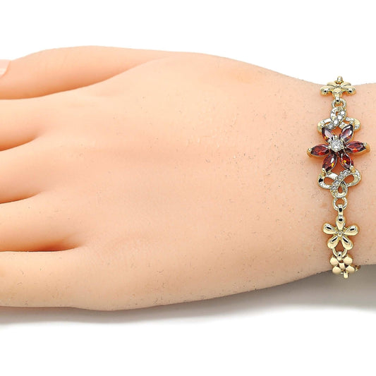 Oro Laminado Fancy Bracelet, Gold Filled Style Flower Design, with Garnet and White Cubic Zirconia, Polished, Golden Finish