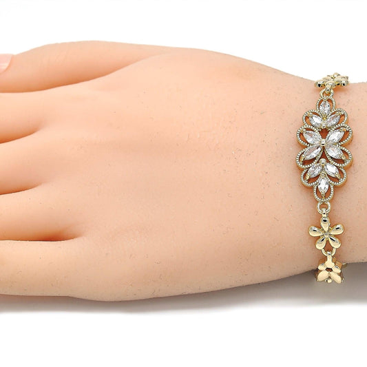 Oro Laminado Fancy Bracelet, Gold Filled Style Flower Design, with White Cubic Zirconia, Polished, Golden Finish