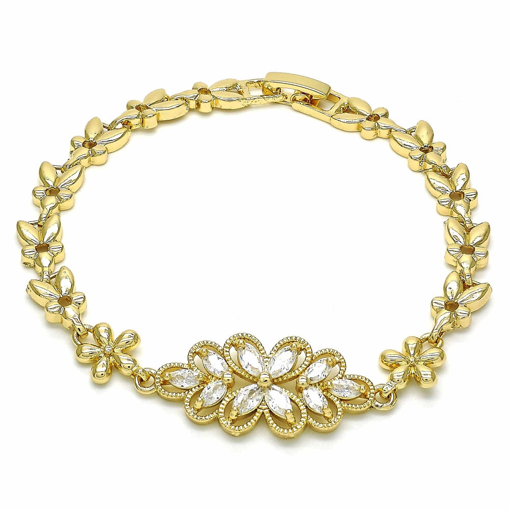 Oro Laminado Fancy Bracelet, Gold Filled Style Flower Design, with White Cubic Zirconia, Polished, Golden Finish