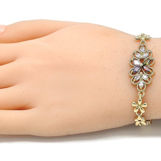 Oro Laminado Fancy Bracelet, Gold Filled Style Flower Design, with Multicolor Cubic Zirconia, Polished, Golden Finish