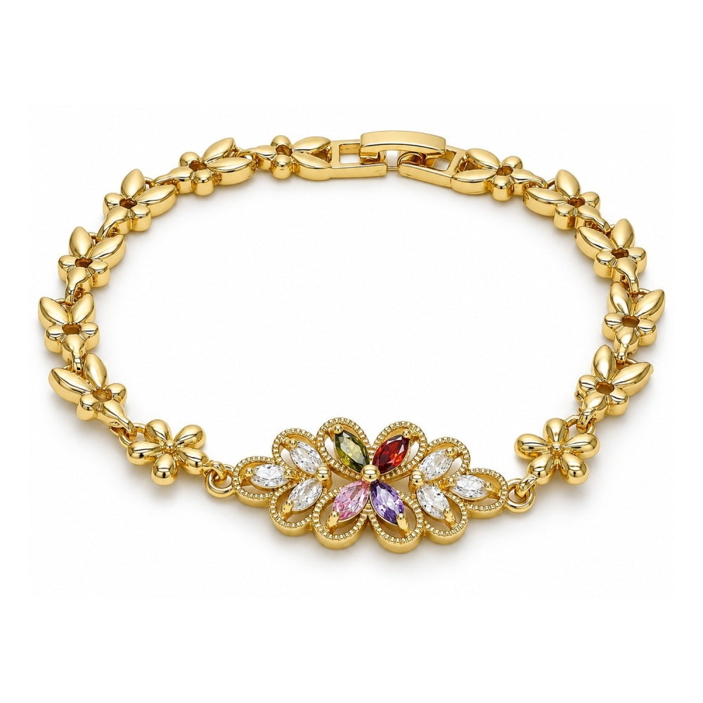 Oro Laminado Fancy Bracelet, Gold Filled Style Flower Design, with Multicolor Cubic Zirconia, Polished, Golden Finish