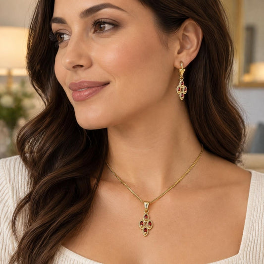 Oro Laminado Earring and Pendant Adult Set, Gold Filled Style with Garnet Cubic Zirconia, Polished, Golden Finish
