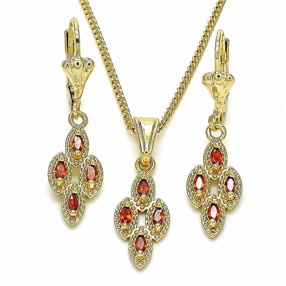 Oro Laminado Earring and Pendant Adult Set, Gold Filled Style with Garnet Cubic Zirconia, Polished, Golden Finish