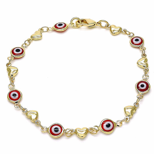Oro Laminado Fancy Bracelet, Gold Filled Style Evil Eye and Heart Design, Red Resin Finish, Golden Finish