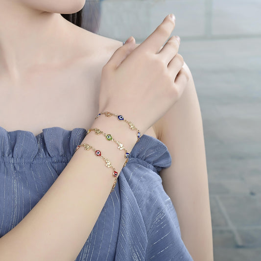 Oro Laminado Fancy Bracelet, Gold Filled Style Evil Eye and Elephant Design, Blue Resin Finish, Golden Finish