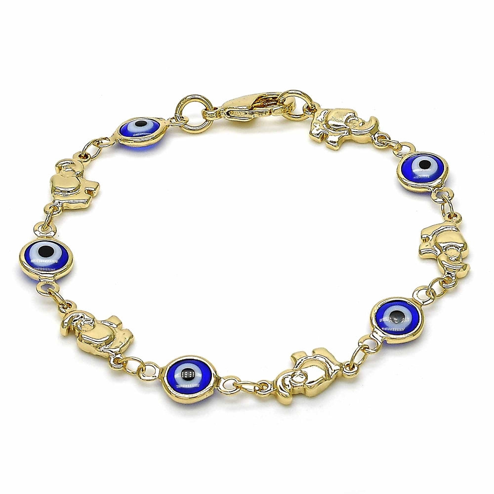 Oro Laminado Fancy Bracelet, Gold Filled Style Evil Eye and Elephant Design, Blue Resin Finish, Golden Finish