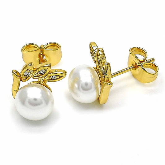 Oro Laminado Stud Earring, Gold Filled Style with Ivory Pearl and White Micro Pave, Polished, Golden Finish