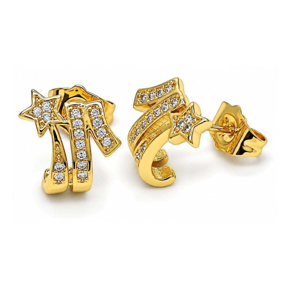 Oro Laminado Stud Earring, Gold Filled Style Star Design, with White Cubic Zirconia, Polished, Golden Finish