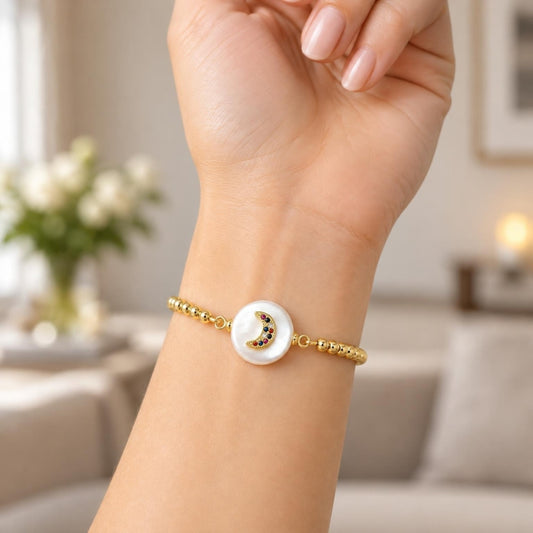 Oro Laminado Adjustable Bolo Bracelet, Gold Filled Style Moon Design, with Multicolor Cubic Zirconia, Polished, Golden Finish