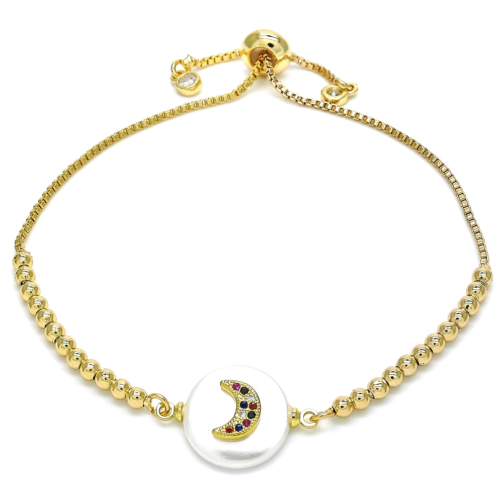 Oro Laminado Adjustable Bolo Bracelet, Gold Filled Style Moon Design, with Multicolor Cubic Zirconia, Polished, Golden Finish