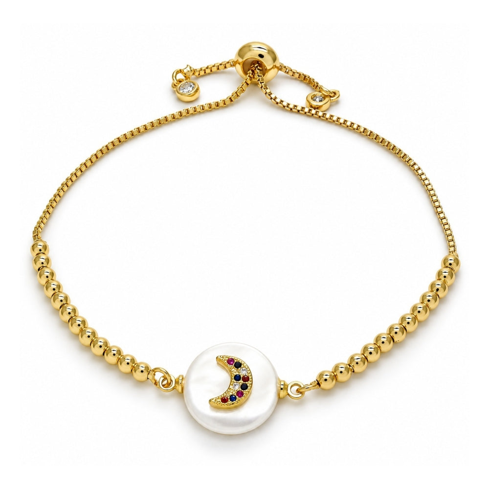 Oro Laminado Adjustable Bolo Bracelet, Gold Filled Style Moon Design, with Multicolor Cubic Zirconia, Polished, Golden Finish