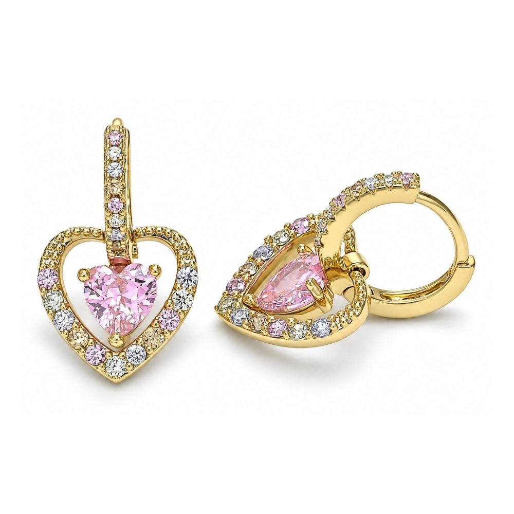 Oro Laminado Dangle Earring, Gold Filled Style Heart Design, with Pink Cubic Zirconia and Multicolor Micro Pave, Polished, Golden Finish