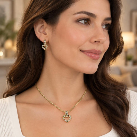 Oro Laminado Earring and Pendant Adult Set, Gold Filled Style Heart Design, with Multicolor Cubic Zirconia, Polished, Golden Finish