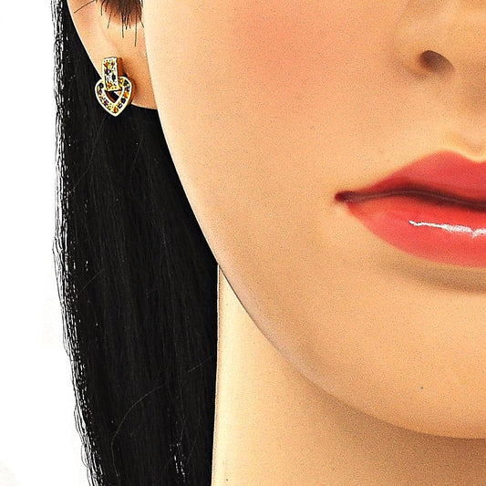 Oro Laminado Earring and Pendant Adult Set, Gold Filled Style Heart Design, with Multicolor Cubic Zirconia, Polished, Golden Finish