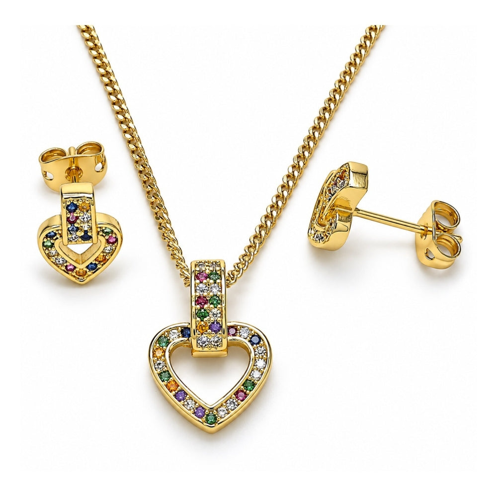 Oro Laminado Earring and Pendant Adult Set, Gold Filled Style Heart Design, with Multicolor Cubic Zirconia, Polished, Golden Finish