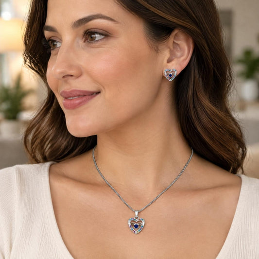 White Gold Filled Earring and Pendant Adult Set, Heart Design, with White and Multicolor Cubic Zirconia, Polished, Rhodium Finish