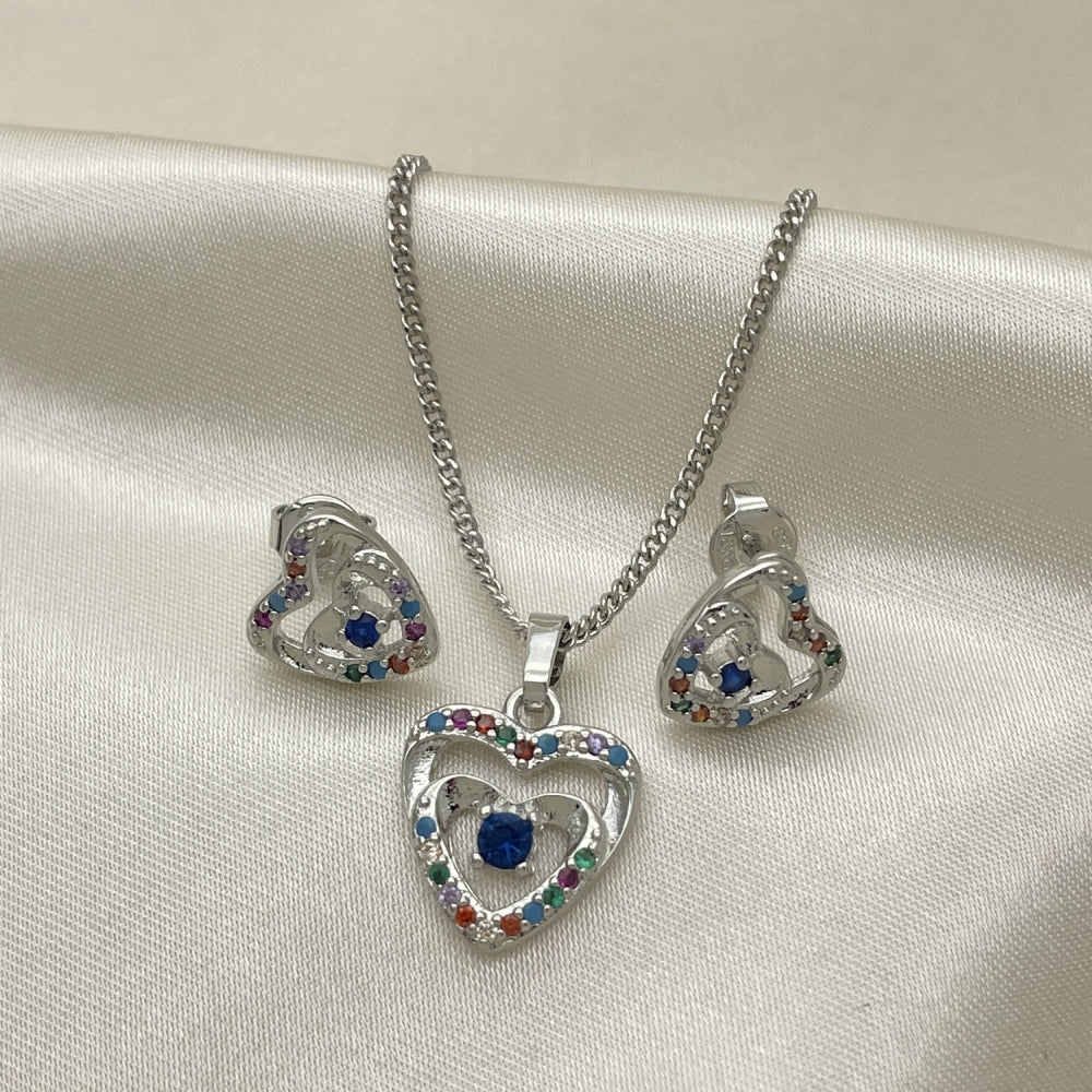 Rhodium Gold Filled Earring and Pendant Adult Set, Heart Design, with White and Multicolor Cubic Zirconia, Polished, Rhodium Finish