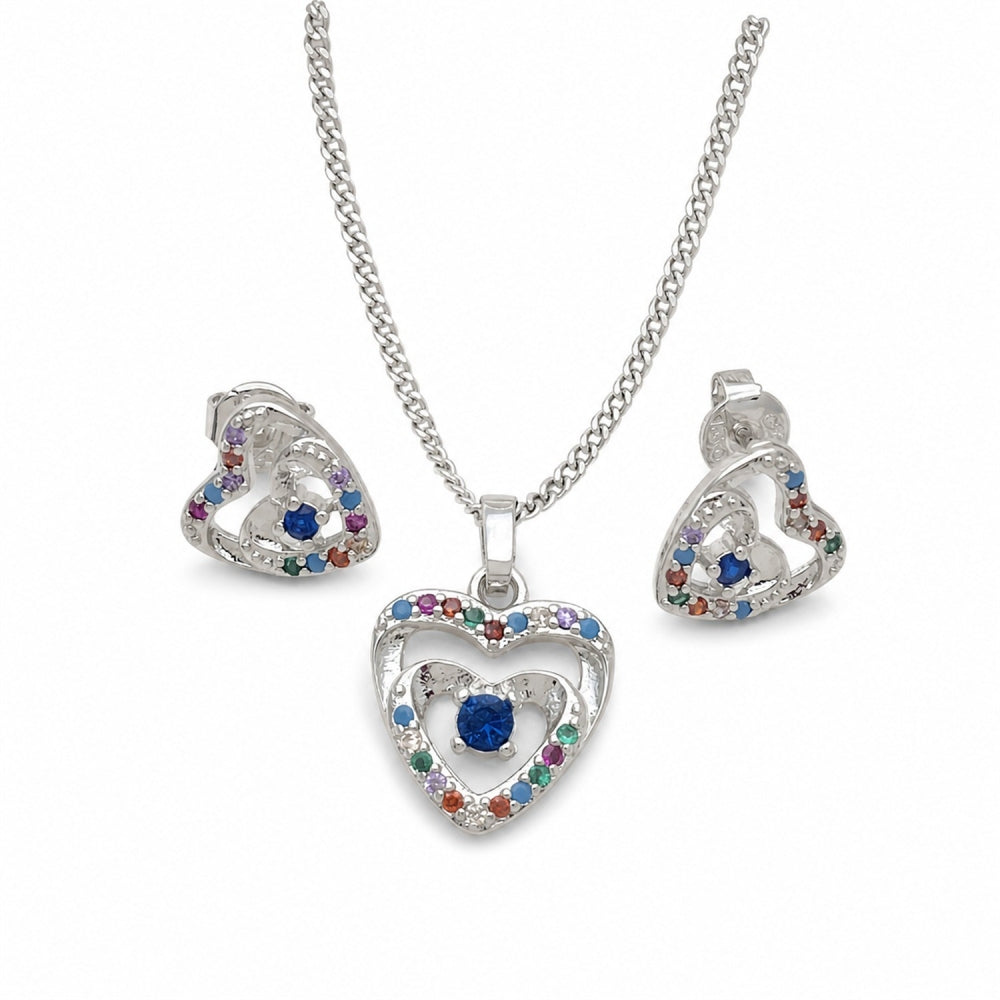 Rhodium Gold Filled Earring and Pendant Adult Set, Heart Design, with White and Multicolor Cubic Zirconia, Polished, Rhodium Finish