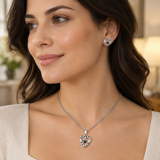 White Gold Filled Earring and Pendant Adult Set, Heart Design, with Black and White Cubic Zirconia, Polished, Rhodium Finish