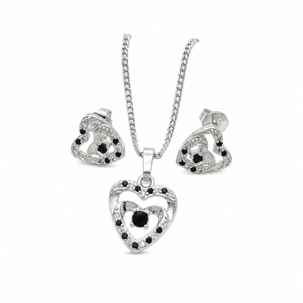 Rhodium Gold Filled Earring and Pendant Adult Set, Heart Design, with Black and White Cubic Zirconia, Polished, Rhodium Finish