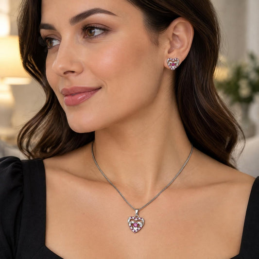 White Gold Filled Earring and Pendant Adult Set, Heart Design, with Ruby and White Cubic Zirconia, Polished, Rhodium Finish