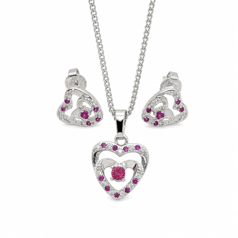 Rhodium Gold Filled Earring and Pendant Adult Set, Heart Design, with Ruby and White Cubic Zirconia, Polished, Rhodium Finish
