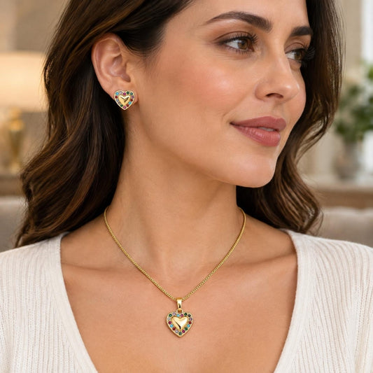 Oro Laminado Earring and Pendant Adult Set, Gold Filled Style Heart Design, with Multicolor Micro Pave, Polished, Golden Finish