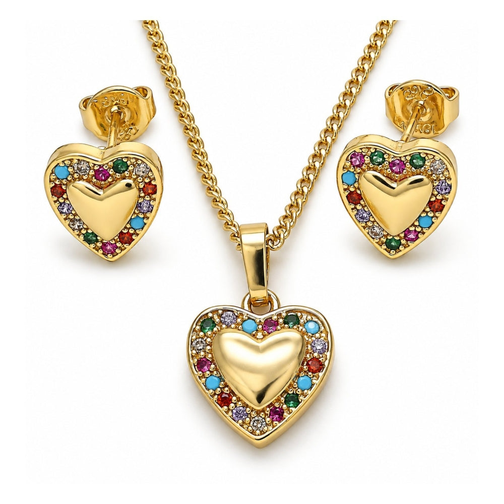 Oro Laminado Earring and Pendant Adult Set, Gold Filled Style Heart Design, with Multicolor Micro Pave, Polished, Golden Finish