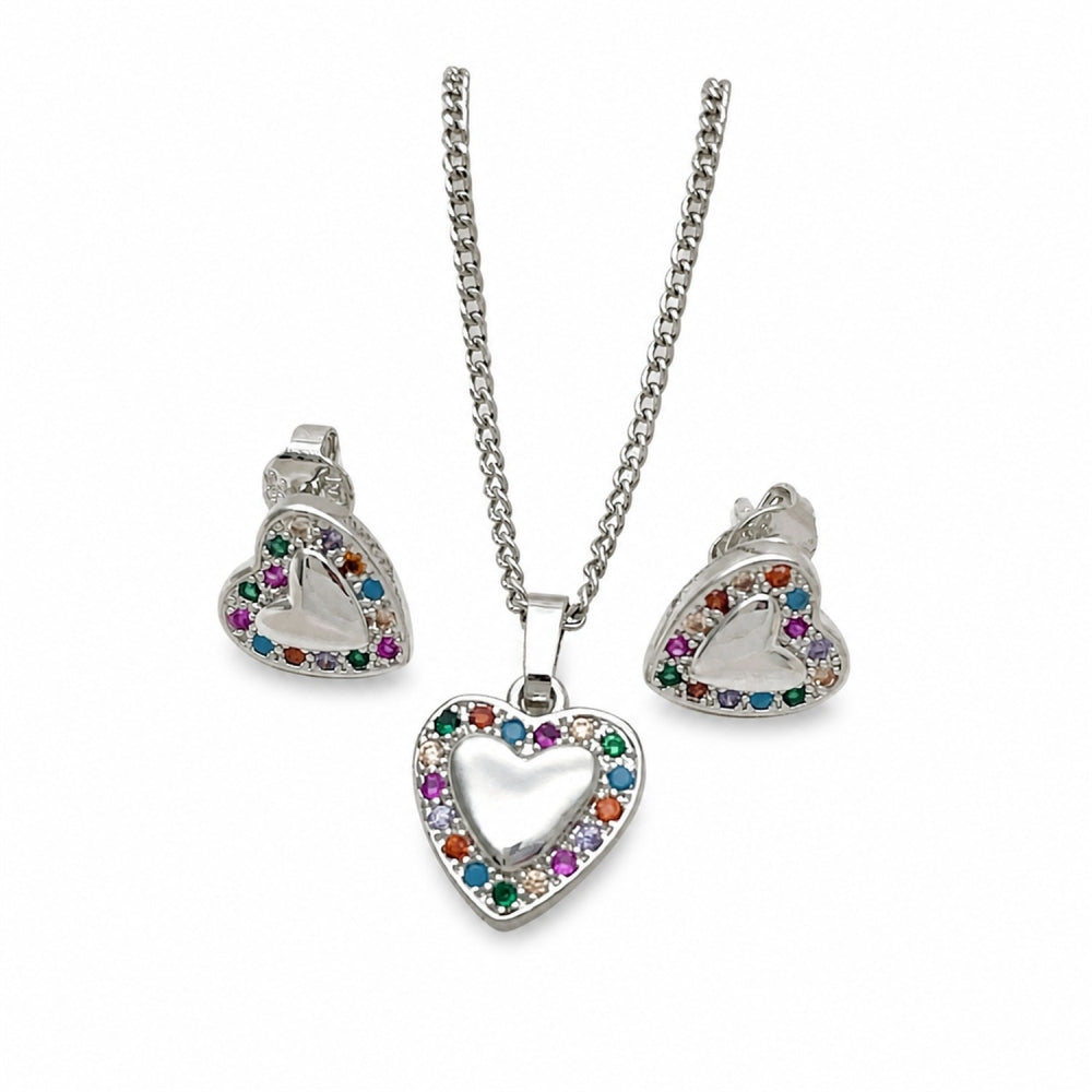 Rhodium Gold Filled Earring and Pendant Adult Set, Heart Design, with Multicolor Cubic Zirconia, Polished, Rhodium Finish