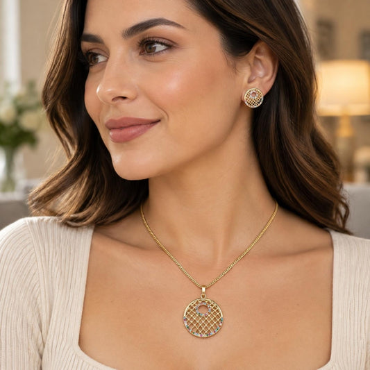 Oro Laminado Earring and Pendant Adult Set, Gold Filled Style with Multicolor Cubic Zirconia, Polished, Golden Finish