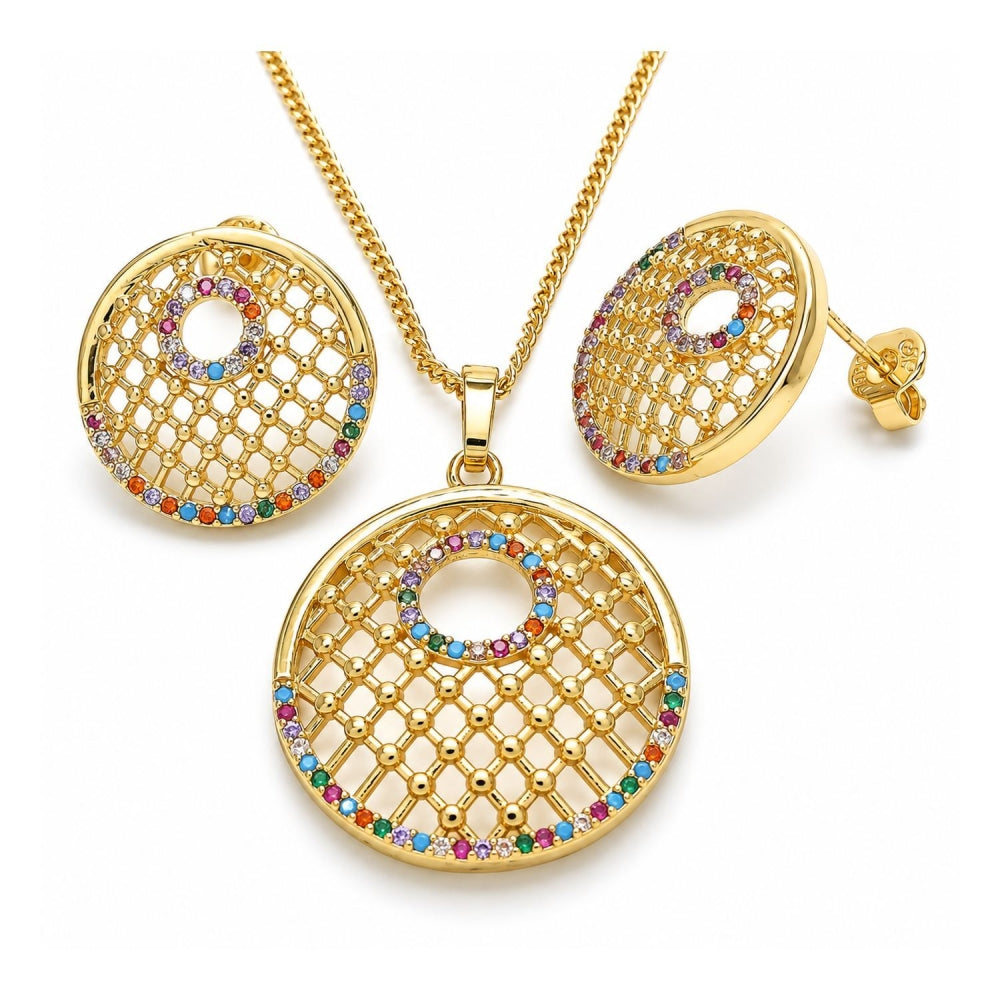 Oro Laminado Earring and Pendant Adult Set, Gold Filled Style with Multicolor Cubic Zirconia, Polished, Golden Finish