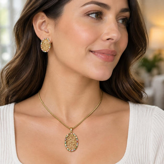 Oro Laminado Earring and Pendant Adult Set, Gold Filled Style with Multicolor Cubic Zirconia, Polished, Golden Finish
