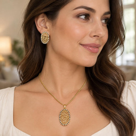 Oro Laminado Earring and Pendant Adult Set, Gold Filled Style with Black and White Cubic Zirconia, Polished, Golden Finish