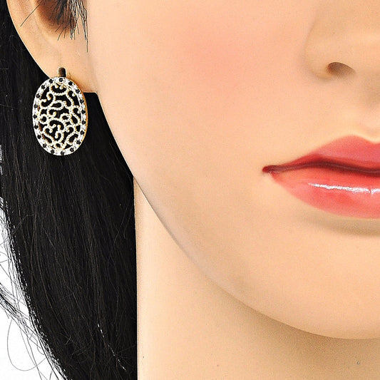 Oro Laminado Earring and Pendant Adult Set, Gold Filled Style with Black and White Cubic Zirconia, Polished, Golden Finish